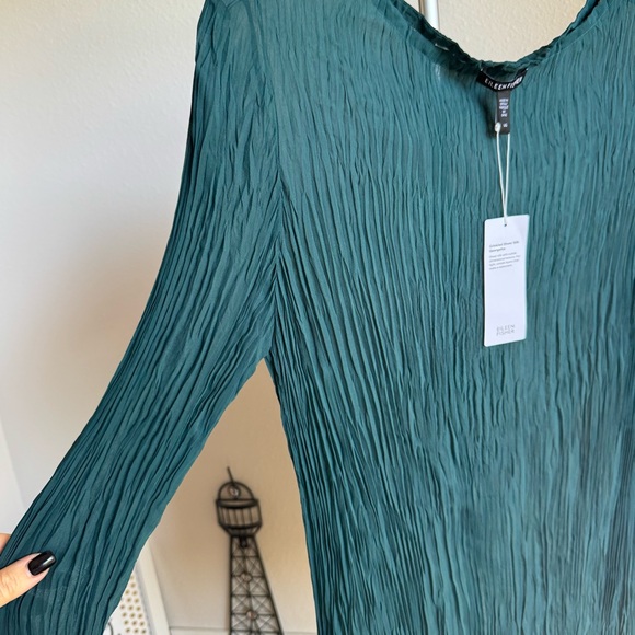 NWT EILEEN FISHER Crinkled Sheer Silk Georgette Bateau Neck Long Top Sz L - Picture 9 of 11